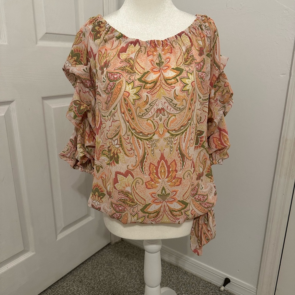 CeCe Pink Paisley Ruffle-Sleeve Blouse